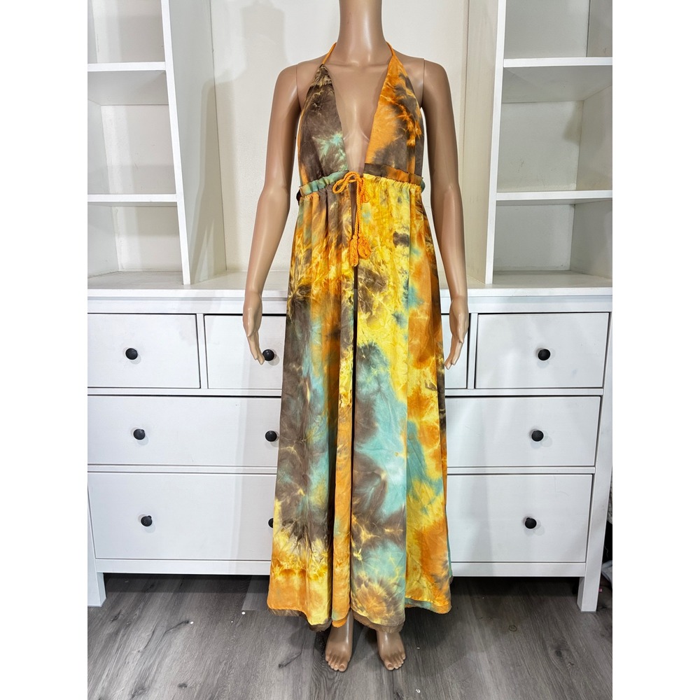 Madeline & Monroe Tie Dye Halter Maxi cover-upDress Orange Yellow Brown XS